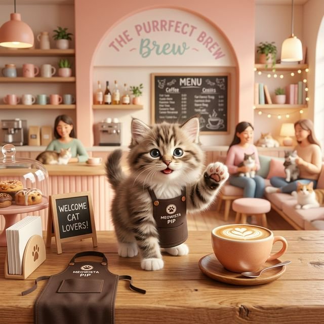 A cute cat barista welcoming guests